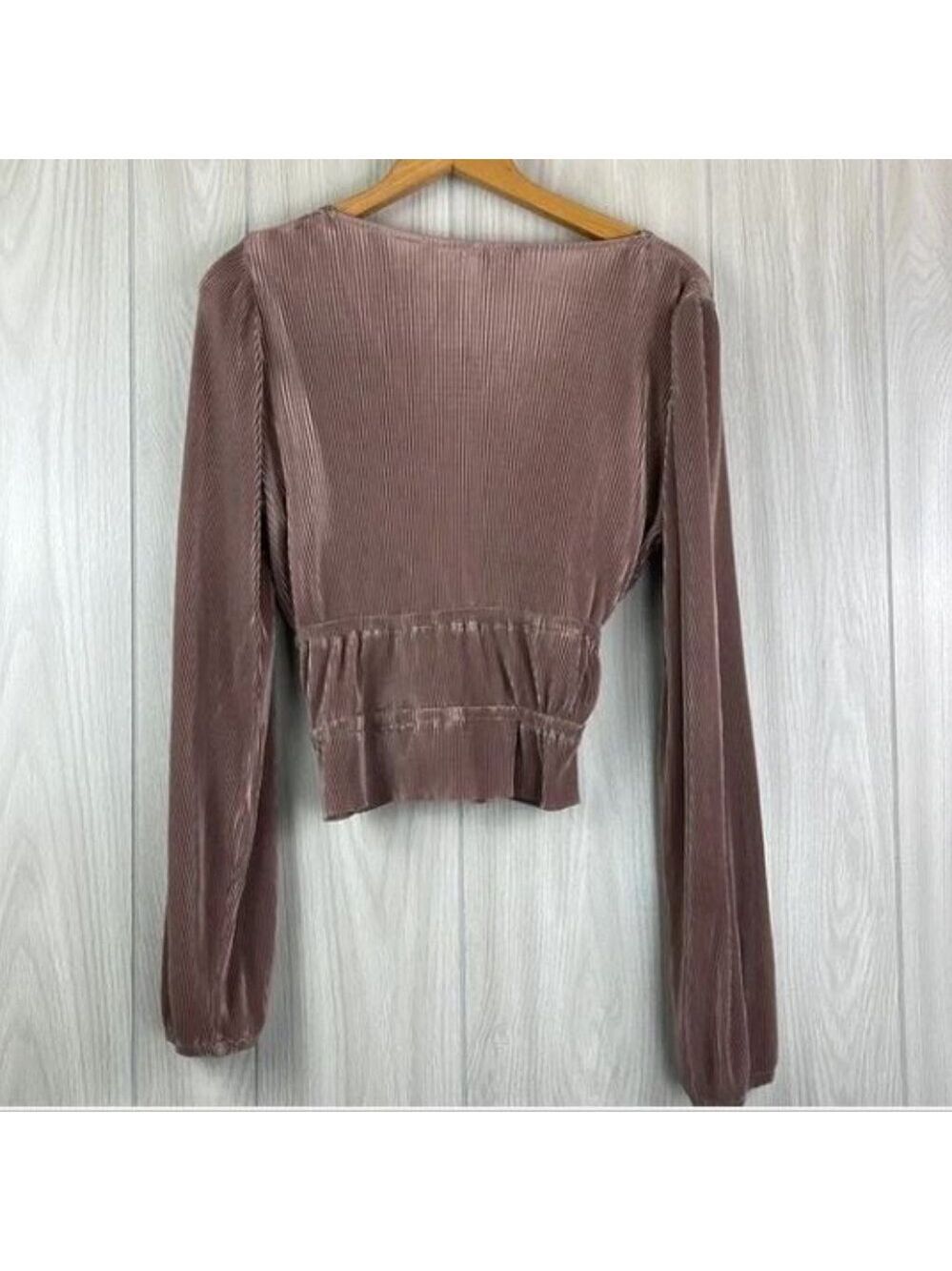 Zara Mocha Shimmery Plunge Neck Ruffle Hem Tie Front Balloon Sleeve Blouse. - Picture 7 of 16